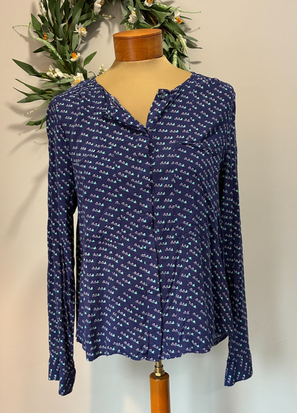 Maeve Anthropologie Navy Bird Print Split Back Whimsical Airy Preppy, Size 10